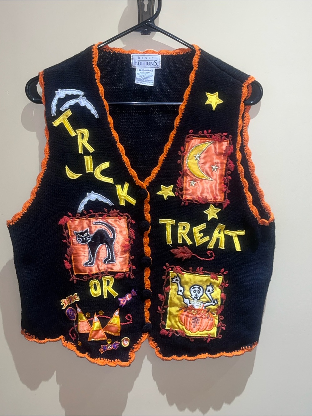 Vintage Basic Editions Halloween Sweater Vest  Trick or Treat Black Cat 90s Y2K